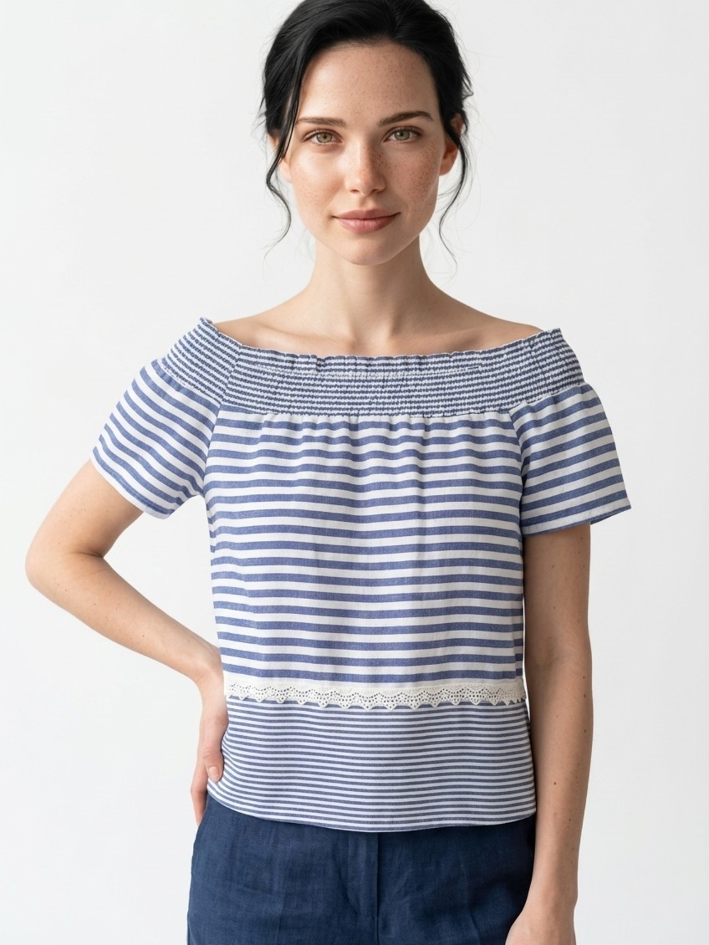 Blue & White Striped Off-Shoulder Crop Top with Lace Trim